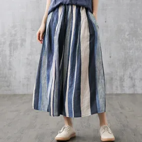 Linen Striped Casual Midi Skirt