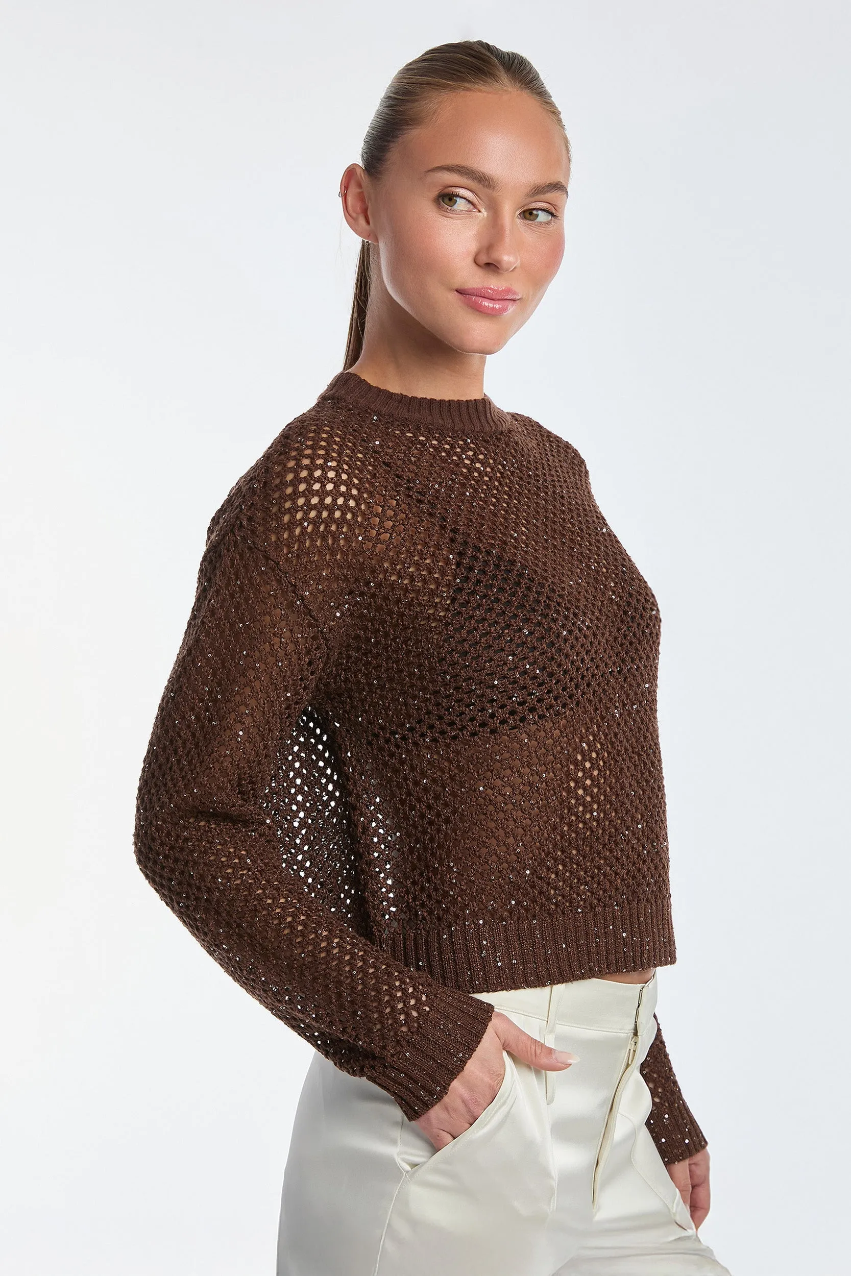 Lucie Sequin Crochet Top - Espresso
