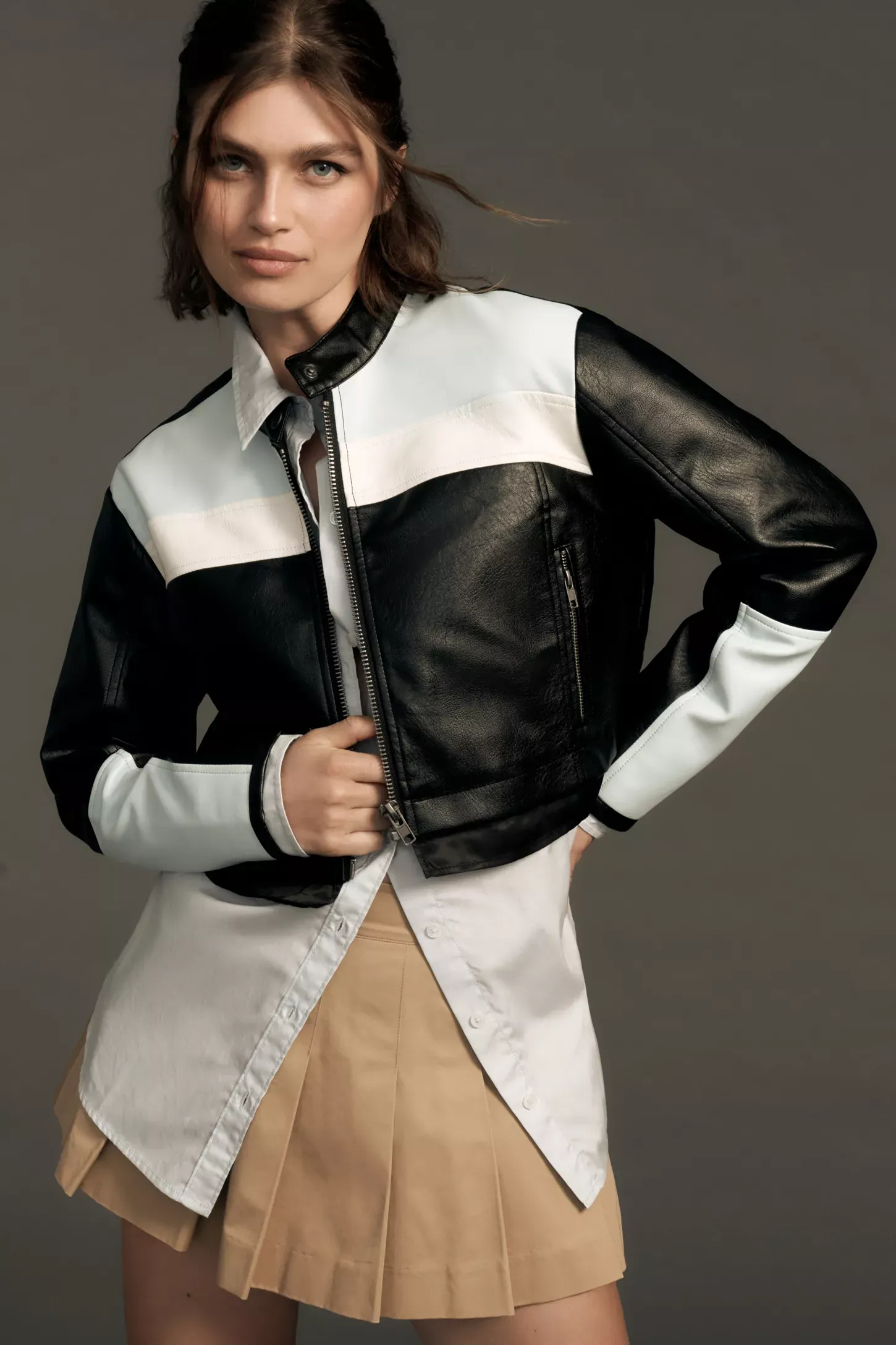 Maeve Cropped Colorblock Biker Jacket by TJS