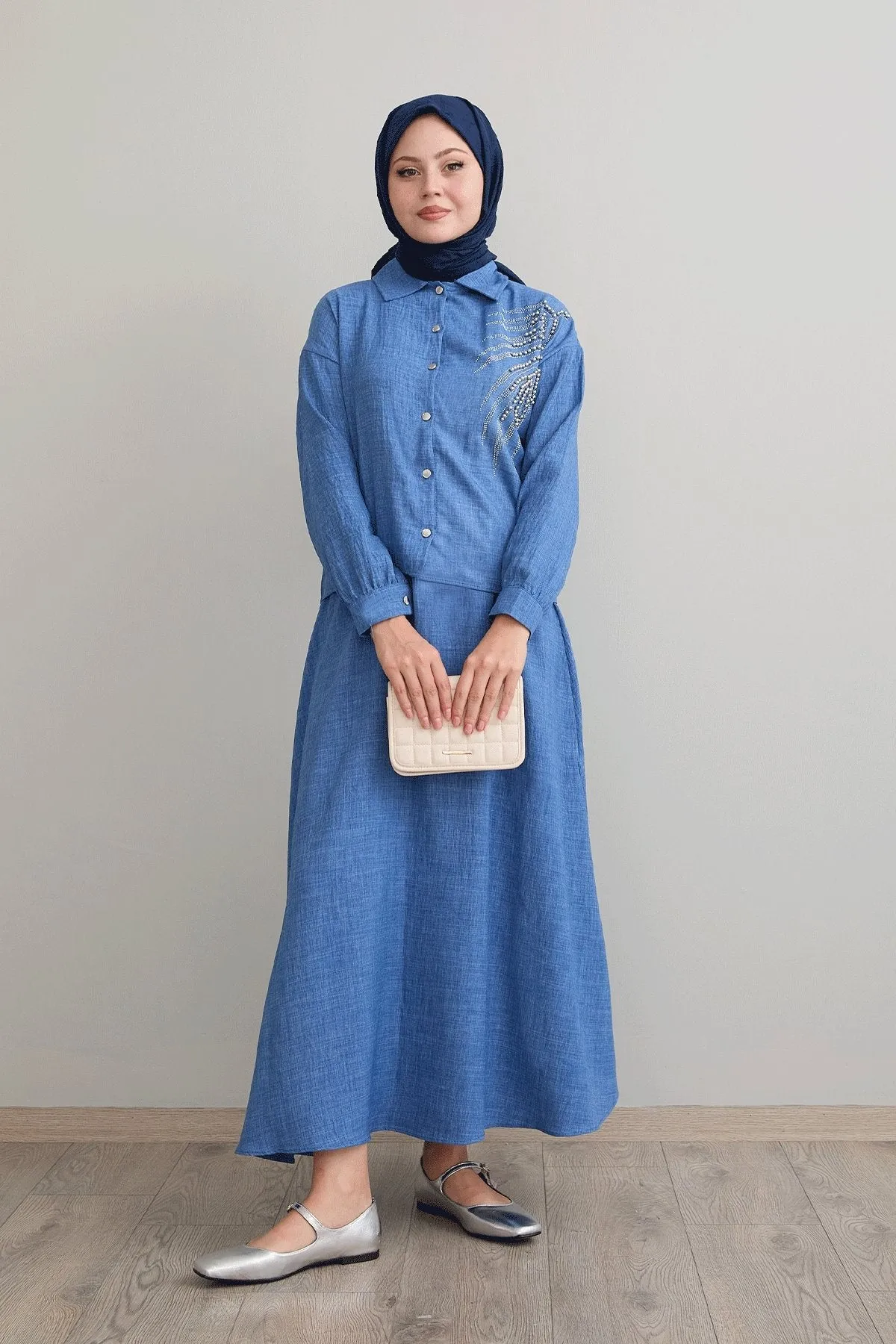 MDS Women Blue Linen Suit with Beaded Skirt - Marysville