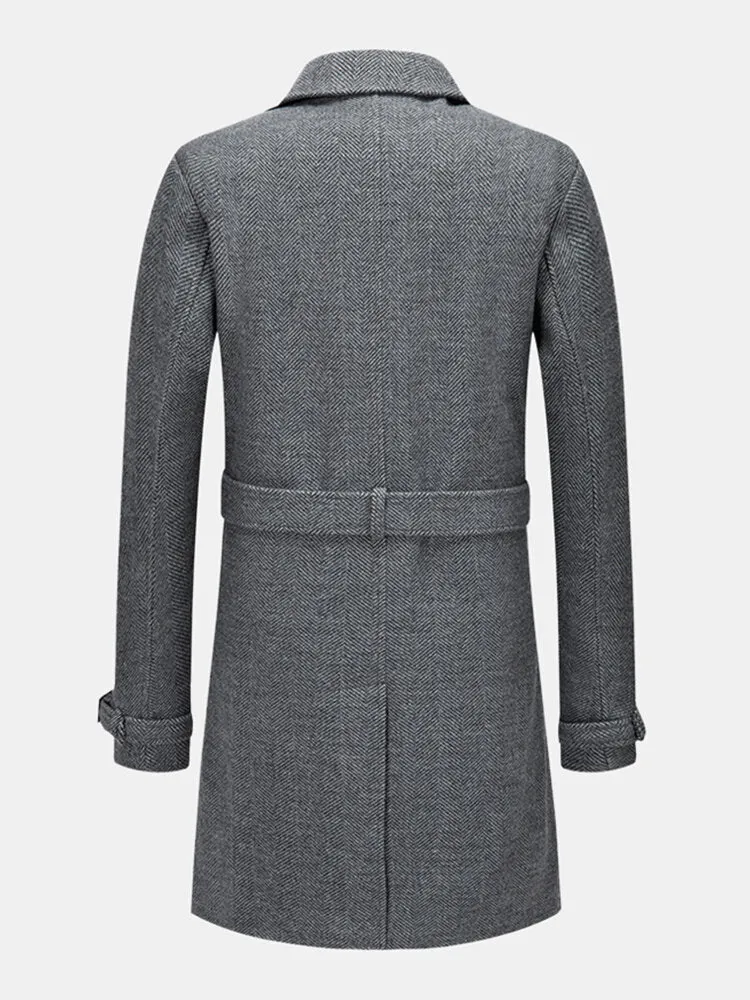 Men's British Style Mid-Length Woolen Warm Belted Overcoat - Casual and Thicken