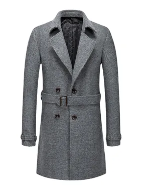 Men's British Style Mid-Length Woolen Warm Belted Overcoat - Casual and Thicken