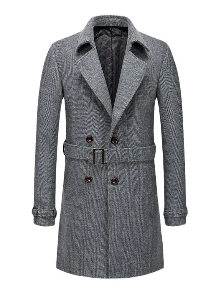 Men's British Style Mid-Length Woolen Warm Belted Overcoat - Casual and Thicken