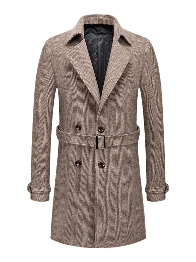 Men's British Style Mid-Length Woolen Warm Belted Overcoat - Casual and Thicken