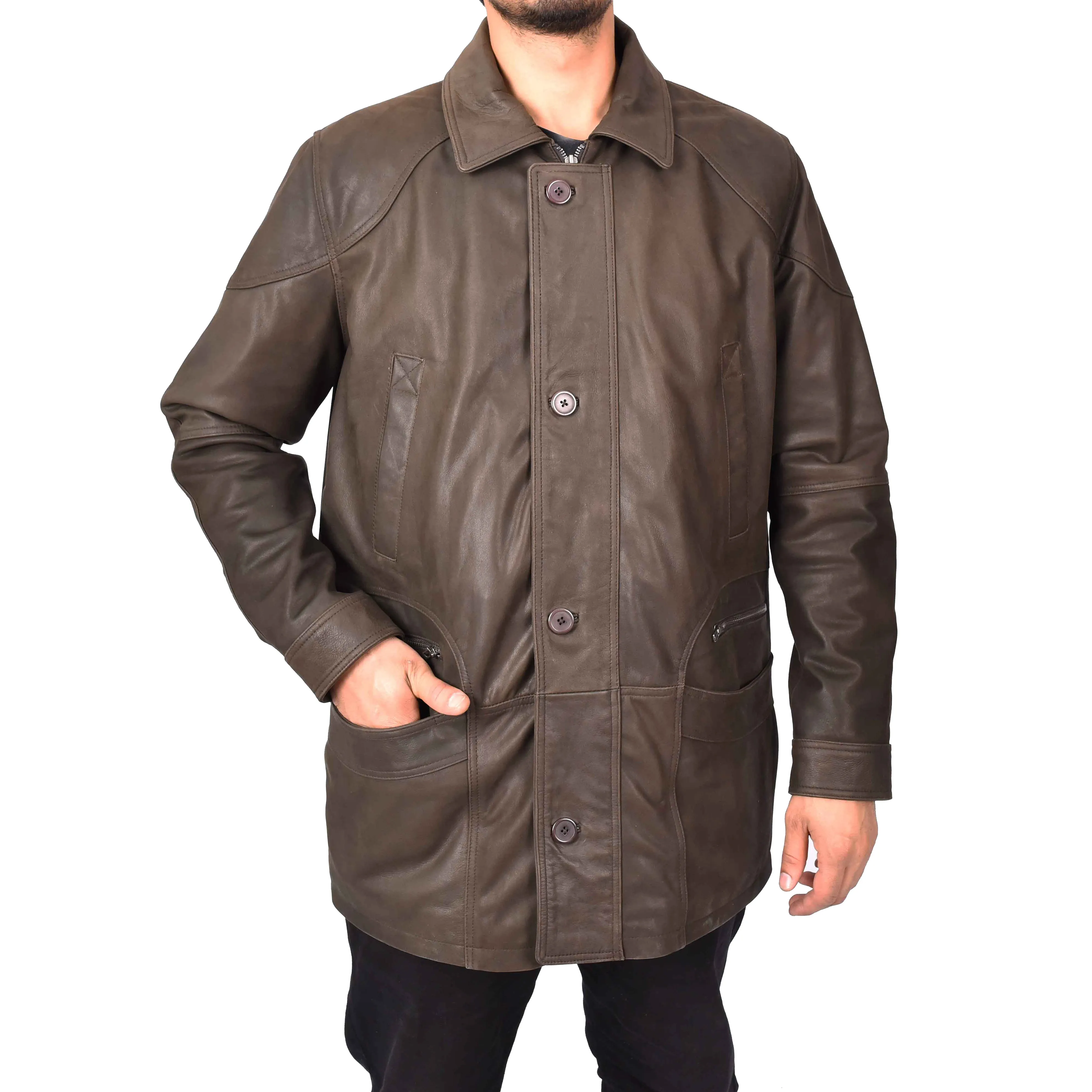 Men’s Genuine Nubuck Leather Parka Overcoat Gents Car Coat Brown Aric