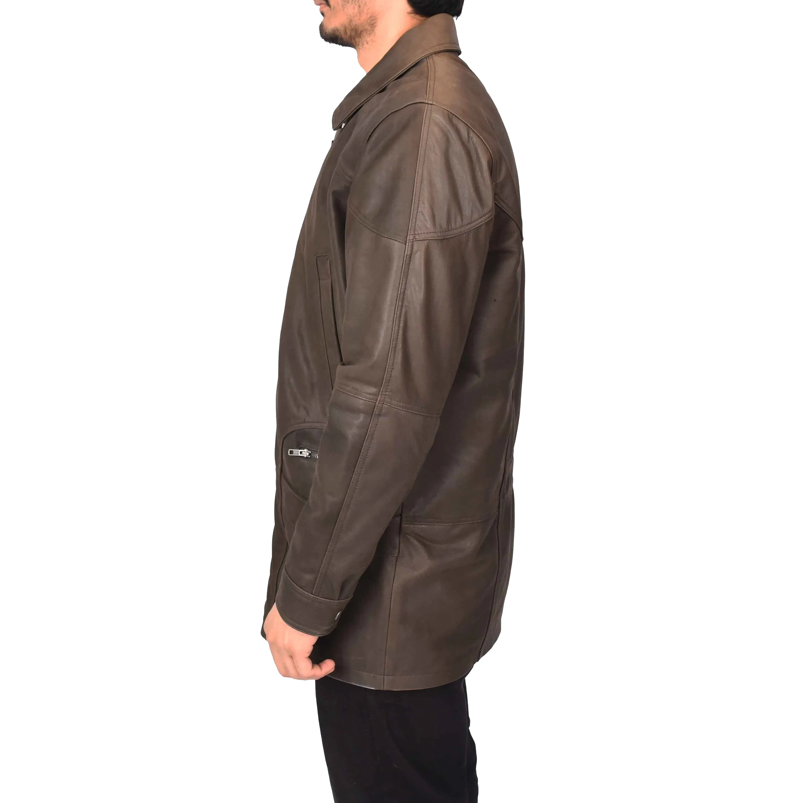 Men’s Genuine Nubuck Leather Parka Overcoat Gents Car Coat Brown Aric