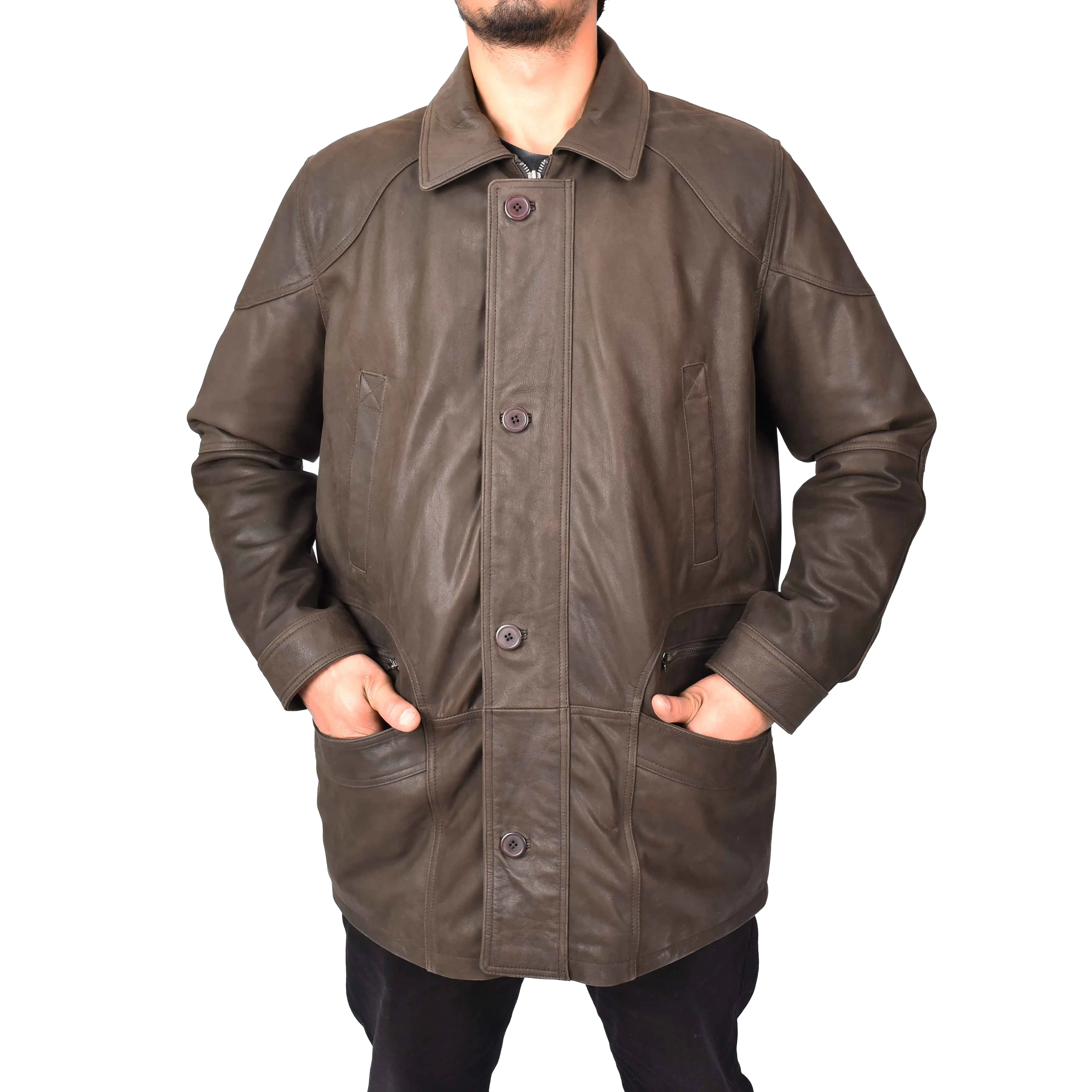 Men’s Genuine Nubuck Leather Parka Overcoat Gents Car Coat Brown Aric
