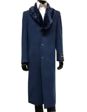 Mens Wool Cashmere Full Length Blue Fur Collar Overcoat