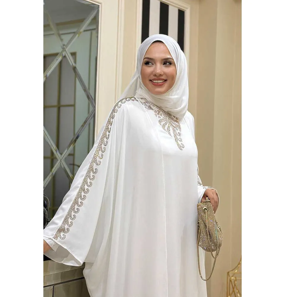 Modest Muslim Woman's Two Piece Butterfly Abaya with Gold Sequins - 8499 - White