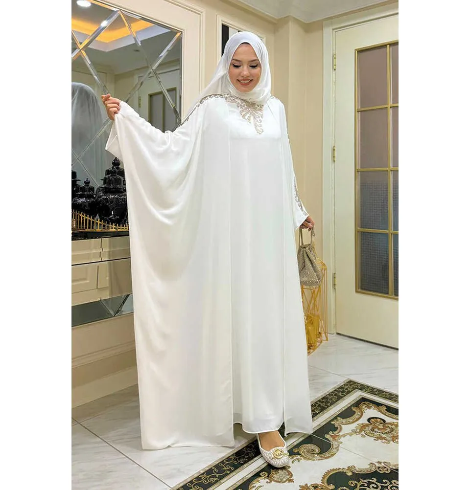 Modest Muslim Woman's Two Piece Butterfly Abaya with Gold Sequins - 8499 - White