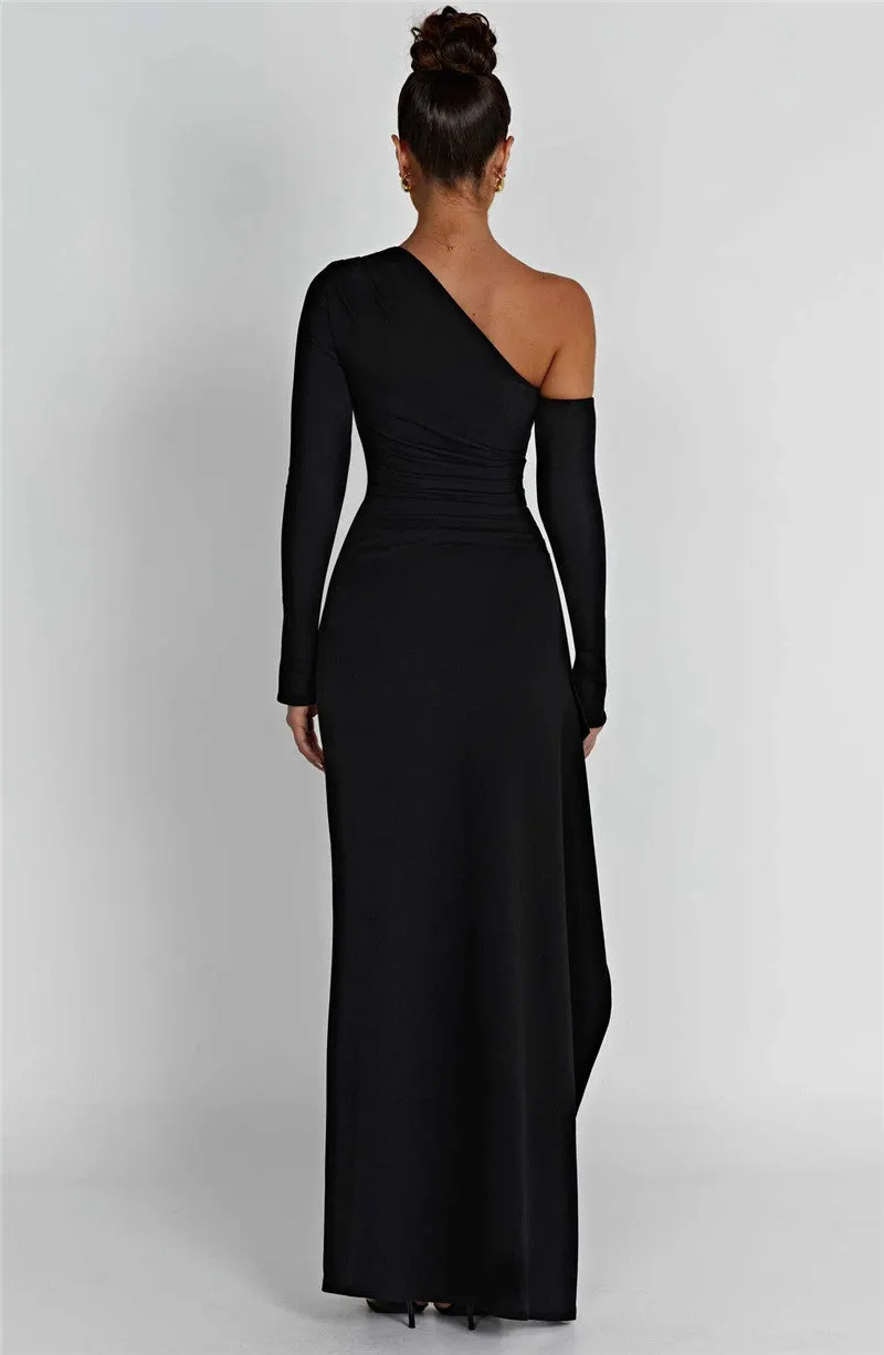 Natalie Oblique Shoulder Thigh High Split Maxi Dress