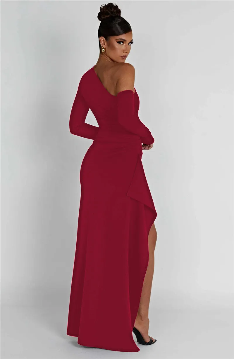 Natalie Oblique Shoulder Thigh High Split Maxi Dress
