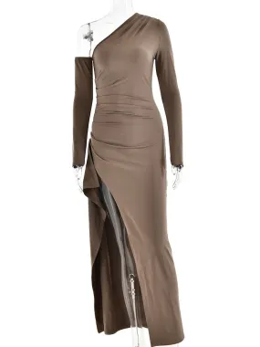 Natalie Oblique Shoulder Thigh High Split Maxi Dress