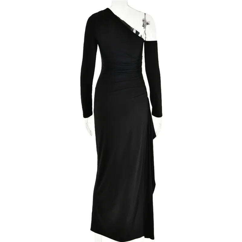 Natalie Oblique Shoulder Thigh High Split Maxi Dress