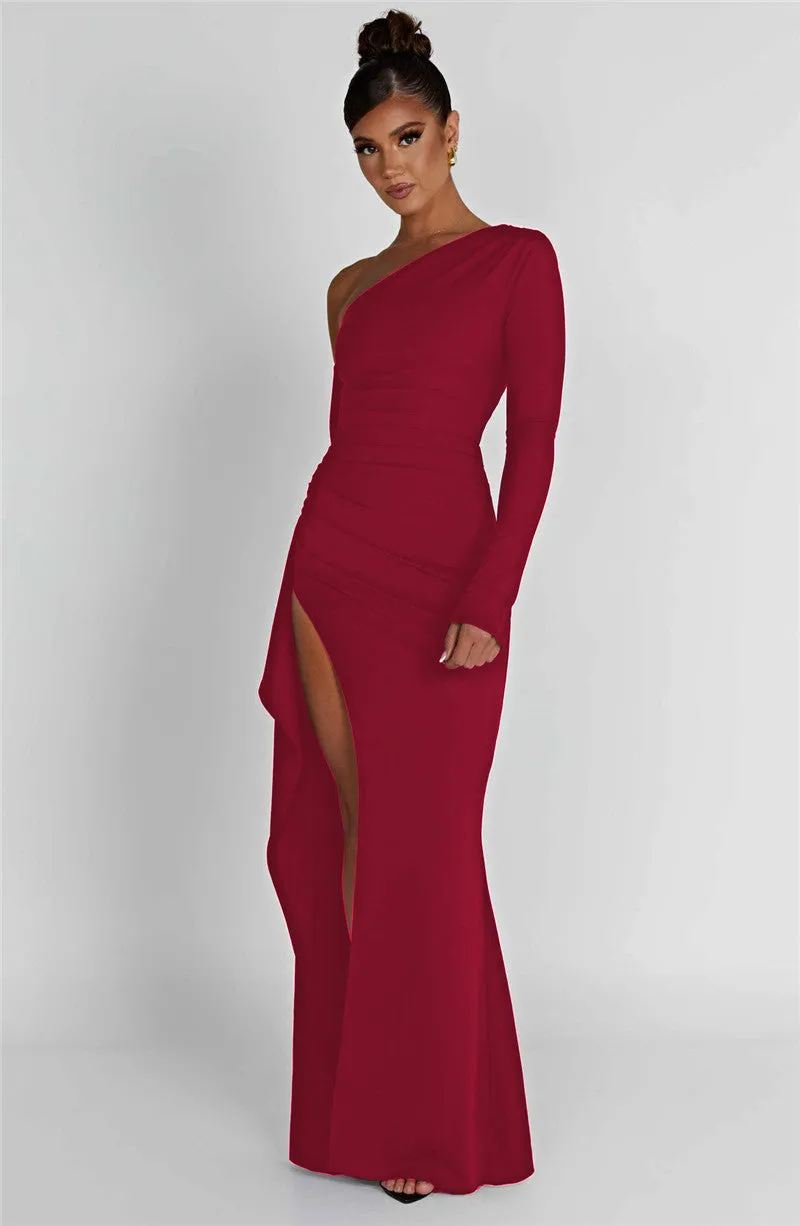 Natalie Oblique Shoulder Thigh High Split Maxi Dress