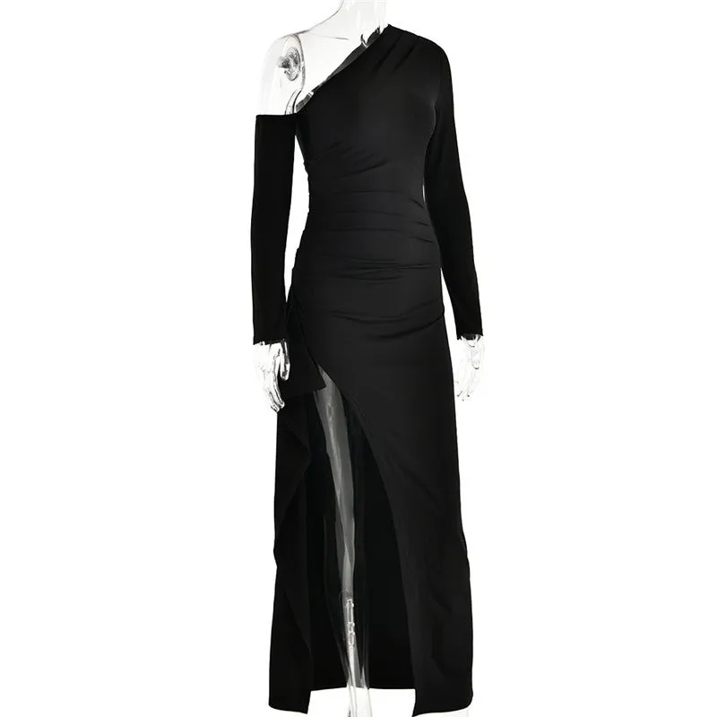 Natalie Oblique Shoulder Thigh High Split Maxi Dress