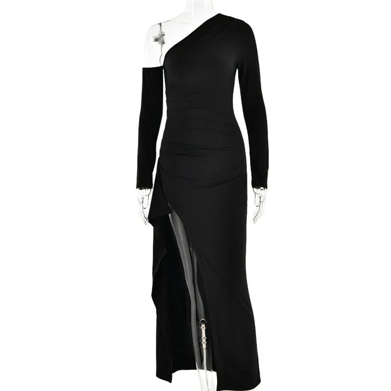 Natalie Oblique Shoulder Thigh High Split Maxi Dress