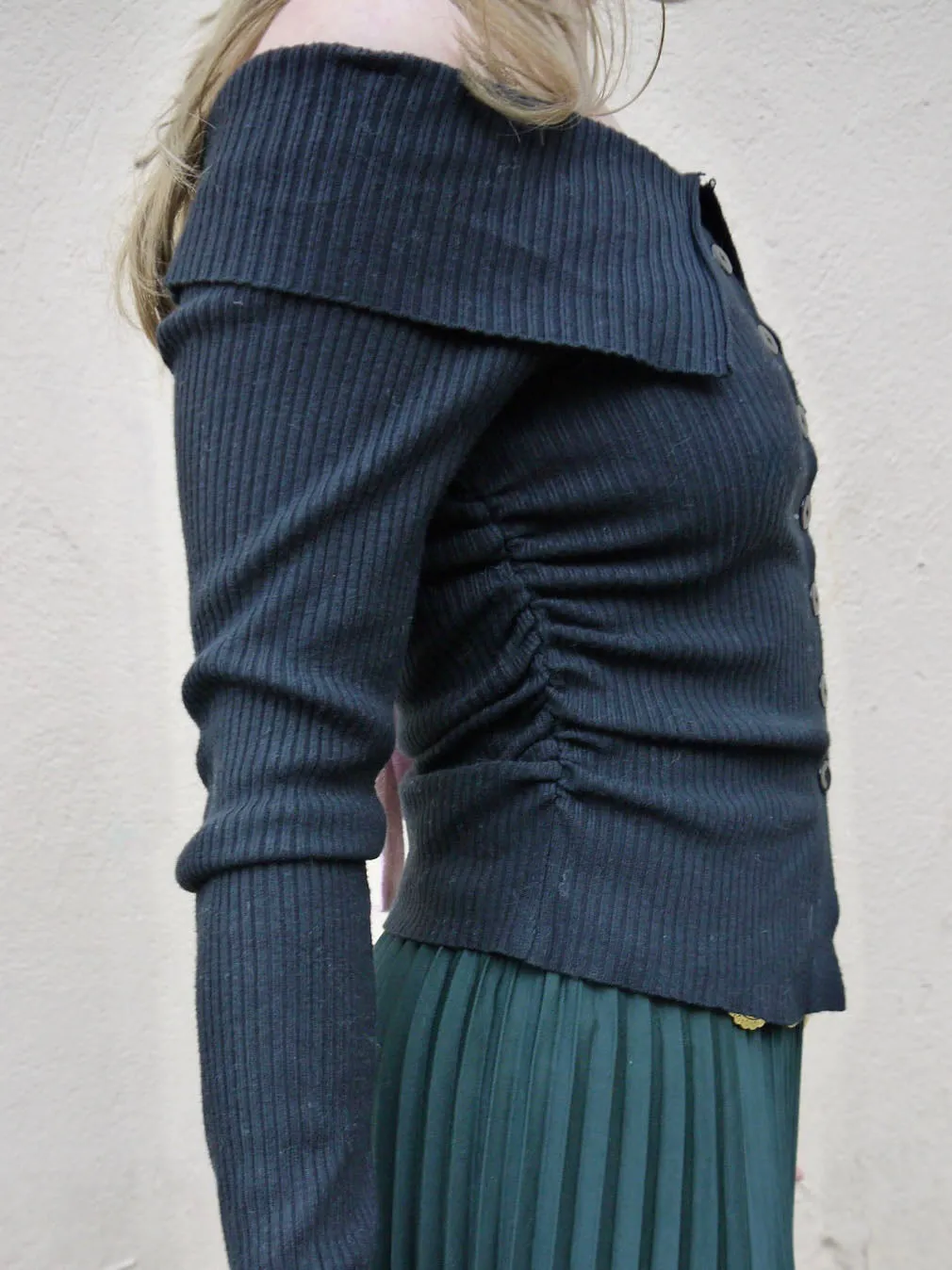 off shoulder rib knit button up top