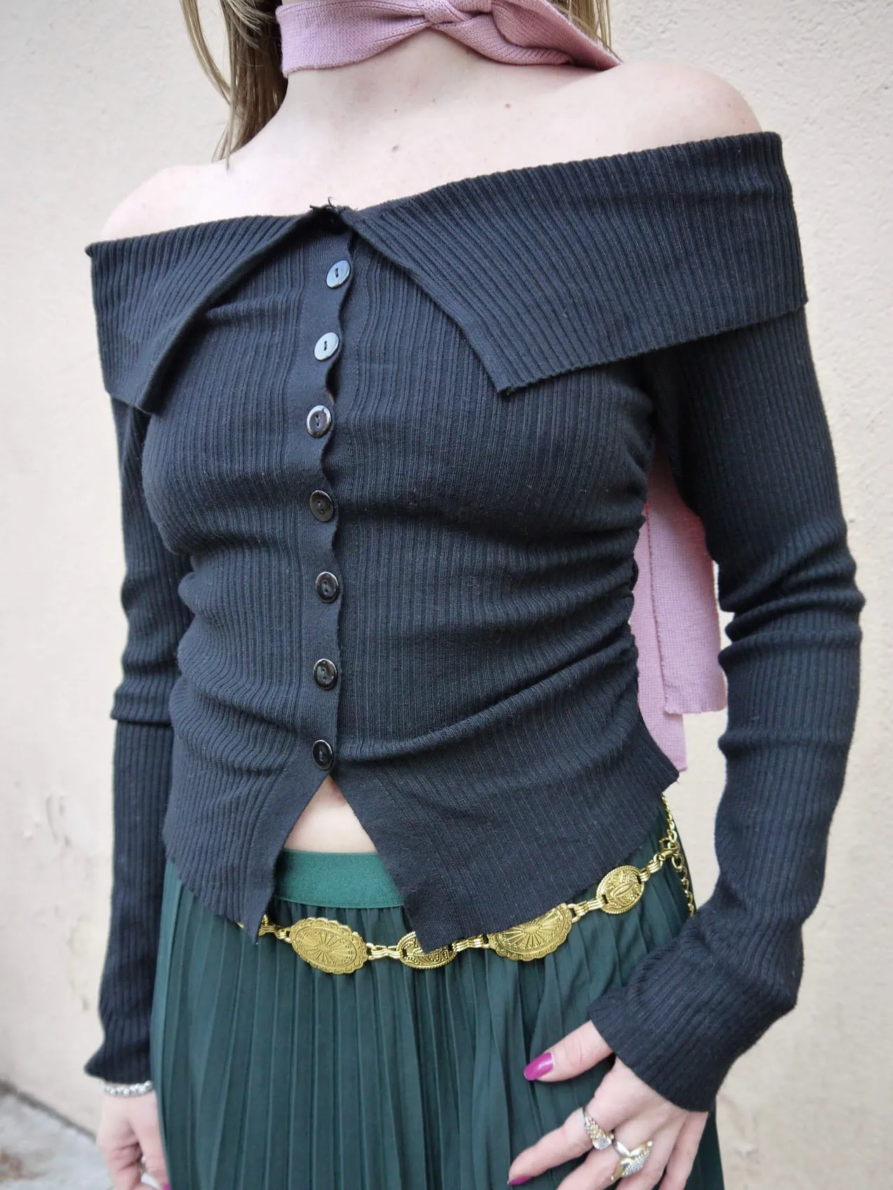 off shoulder rib knit button up top