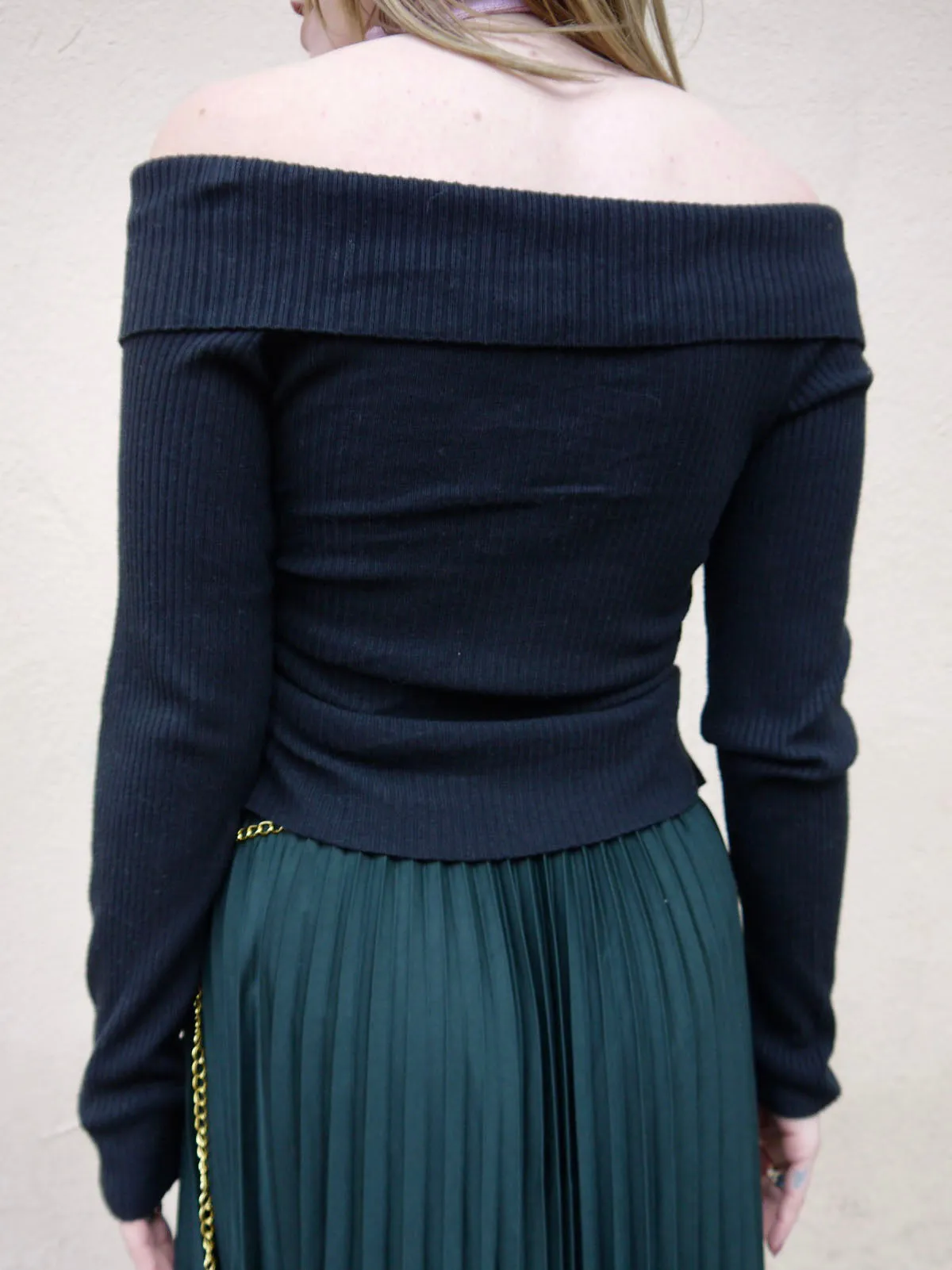 off shoulder rib knit button up top