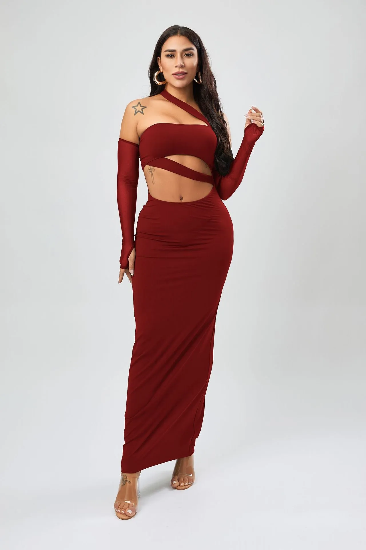 One Shoulder Mesh Halter Sheath Dress