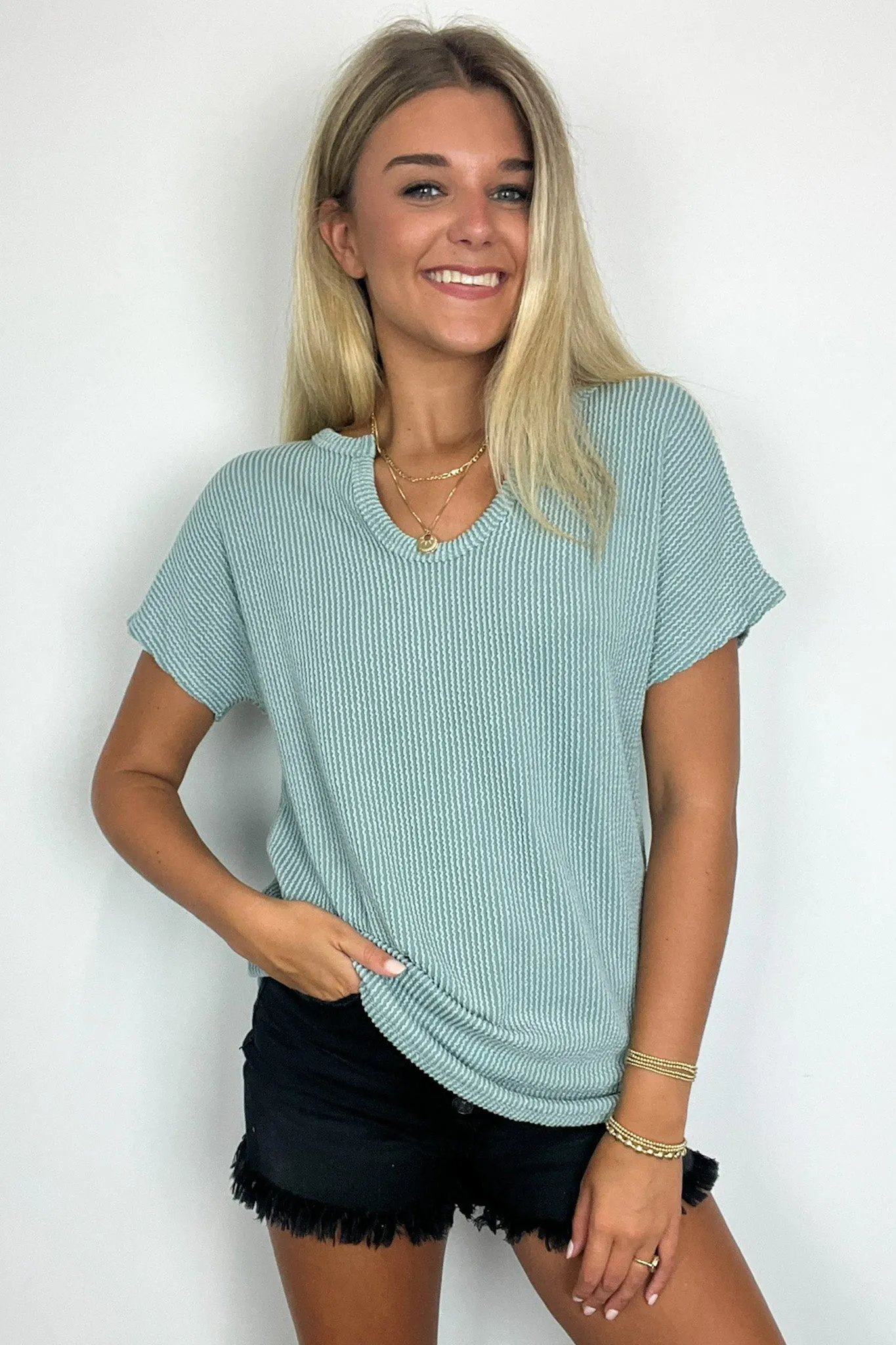 Oriana Rib Notched V-Neck Top
