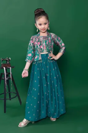 Peacock Green Zari Embroidered Palazzo Set With Overcoat  For Girls