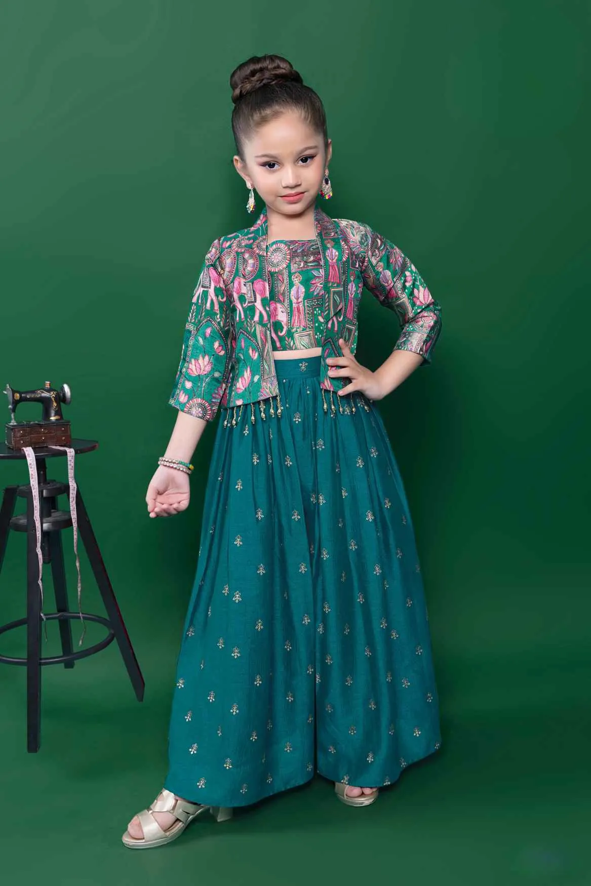 Peacock Green Zari Embroidered Palazzo Set With Overcoat  For Girls