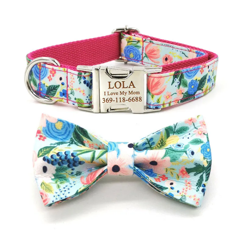 Personalized Dog Collar Engraved Metal Buckle Flower Cute for Girl Dogs - Red
