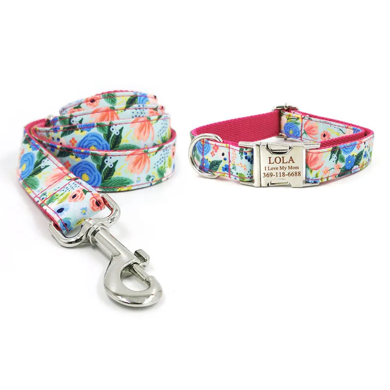 Personalized Dog Collar Engraved Metal Buckle Flower Cute for Girl Dogs - Red