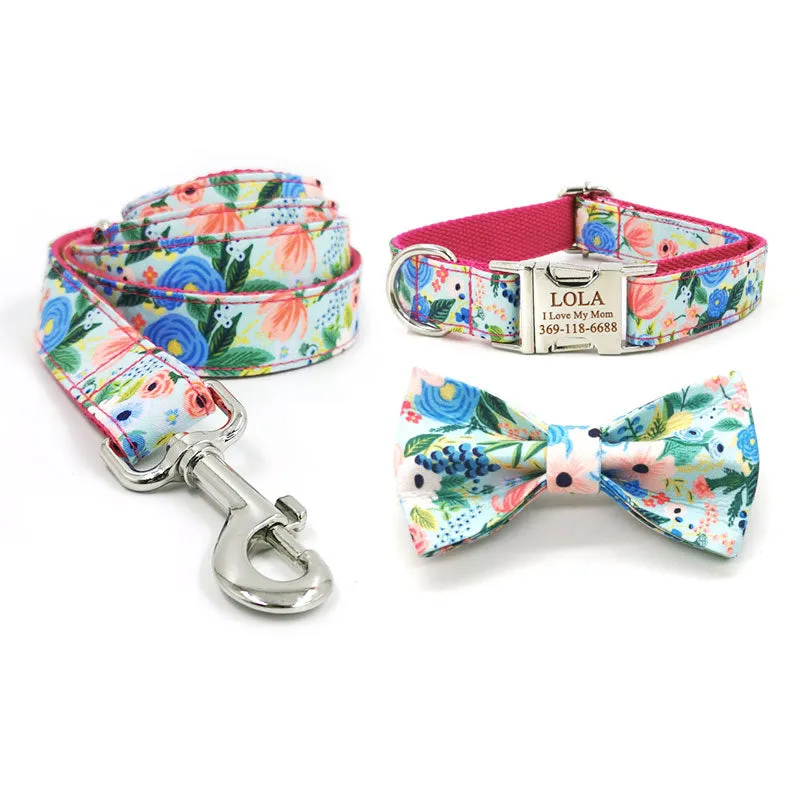 Personalized Dog Collar Engraved Metal Buckle Flower Cute for Girl Dogs - Red