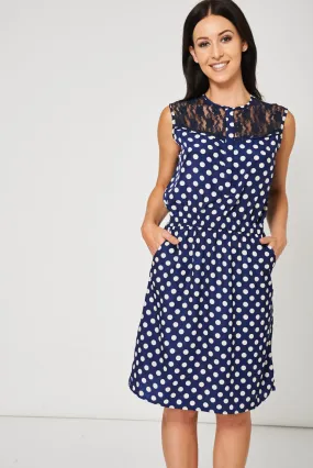 Polka Dot Dress With Black Lace Detail