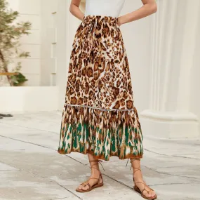 Rayon Leopard Print Elastic Waist Bohemian Beach Skirt
