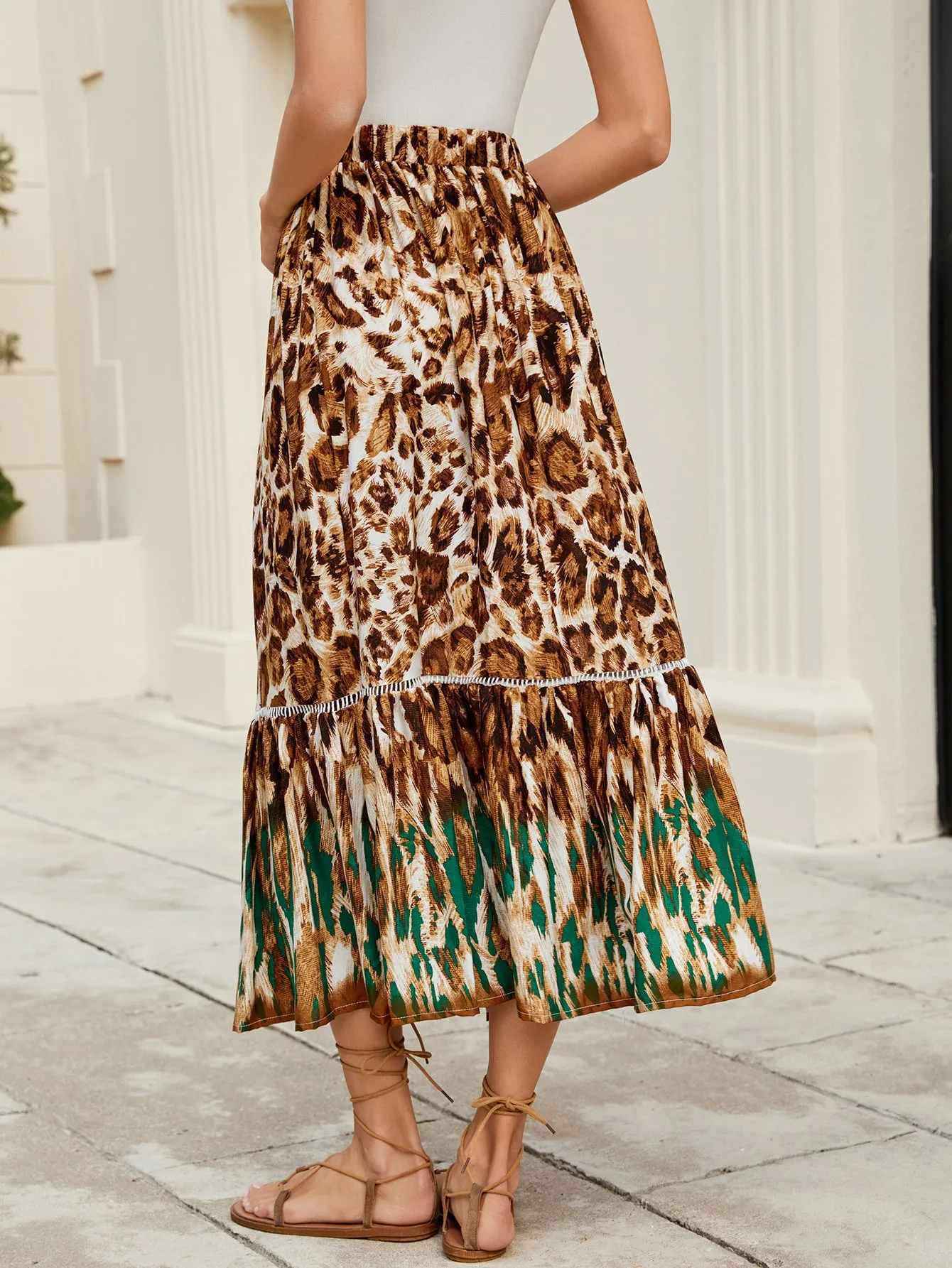 Rayon Leopard Print Elastic Waist Bohemian Beach Skirt
