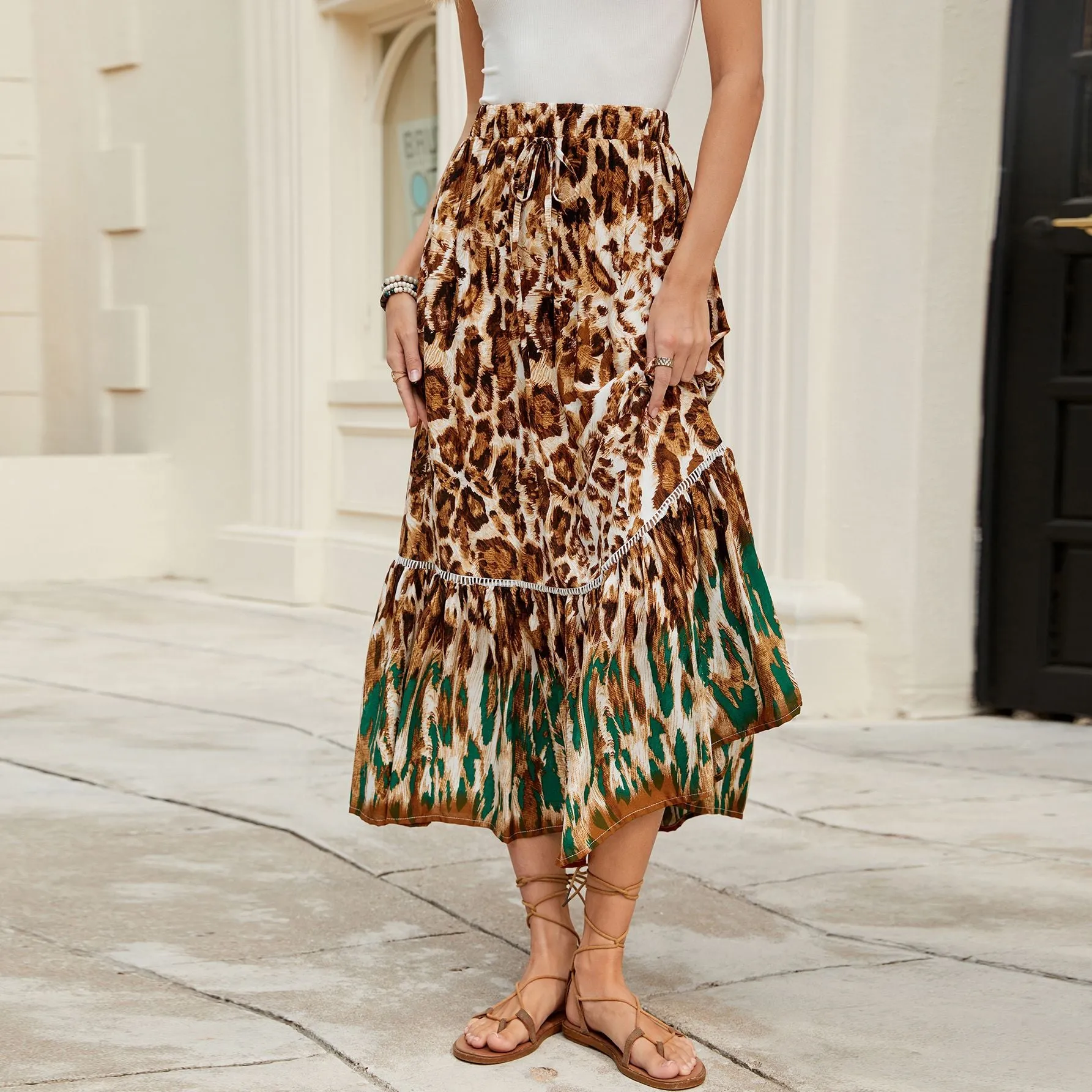 Rayon Leopard Print Elastic Waist Bohemian Beach Skirt