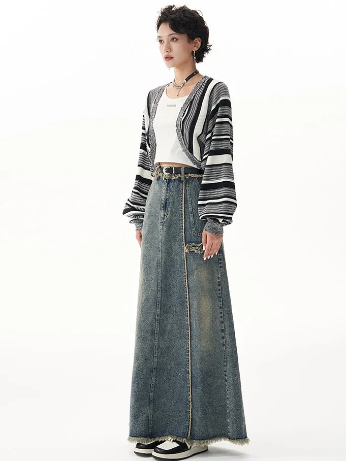 Retro Raw Edge Slit Washed Denim Skirt