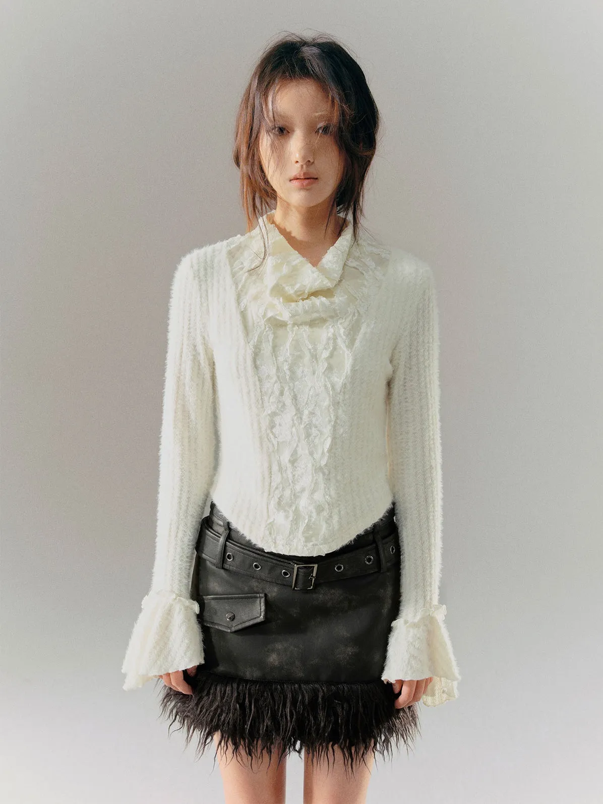 Retro Stitching Fur Double Belt Tie-dye Leather Skirt