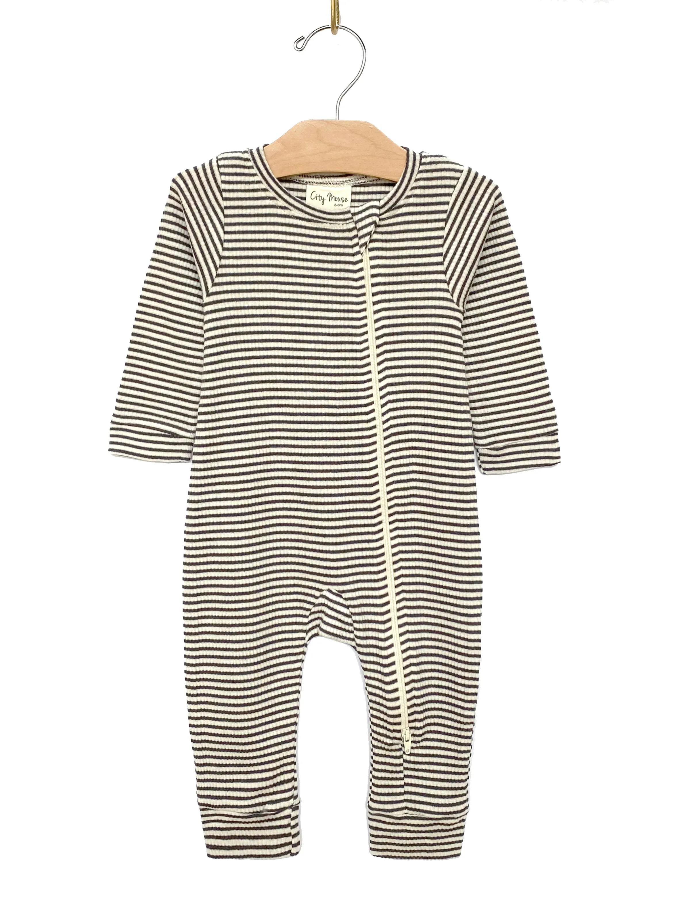 Rib Modal Zip Romper - Natural with Magnet Stripe