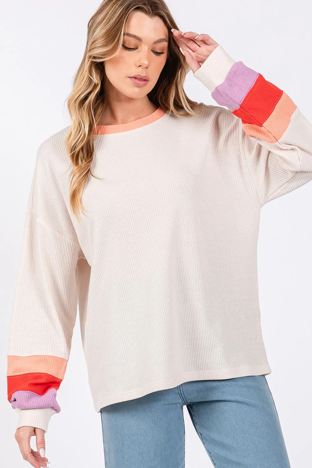SAGE   FIG Sand Color Block Waffle Knit T-Shirt