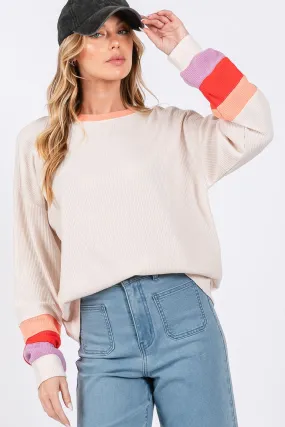 SAGE   FIG Sand Color Block Waffle Knit T-Shirt