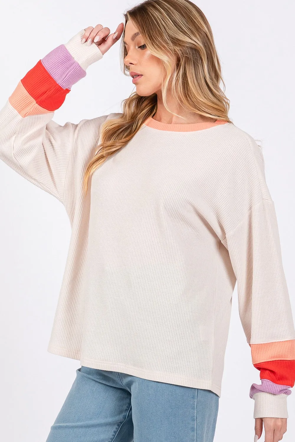 SAGE   FIG Sand Color Block Waffle Knit T-Shirt