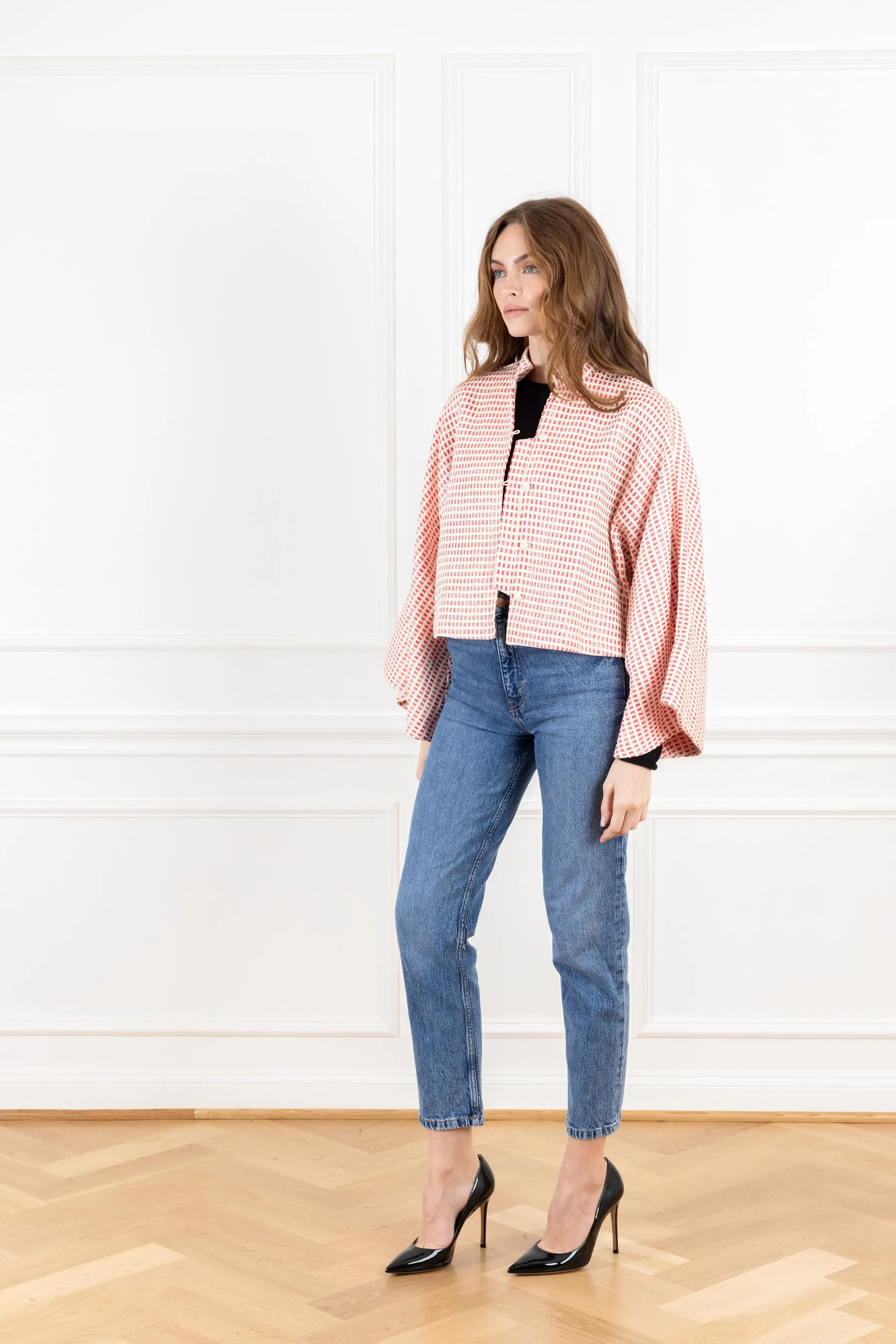 Scarlet Woven Grid Cropped Jacket