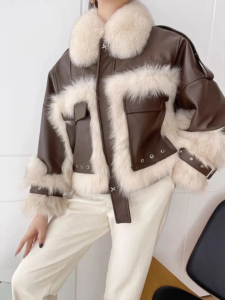 Sense Fox Fur Stitching Leather Coat- GlamzLife