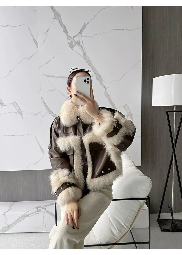 Sense Fox Fur Stitching Leather Coat- GlamzLife
