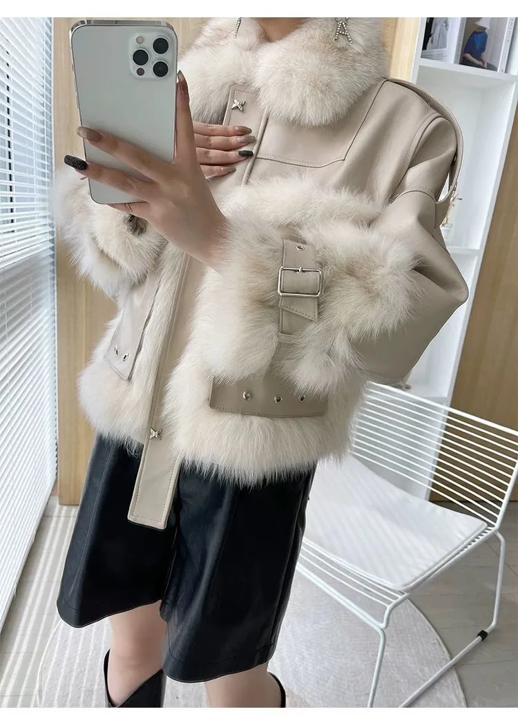 Sense Fox Fur Stitching Leather Coat- GlamzLife