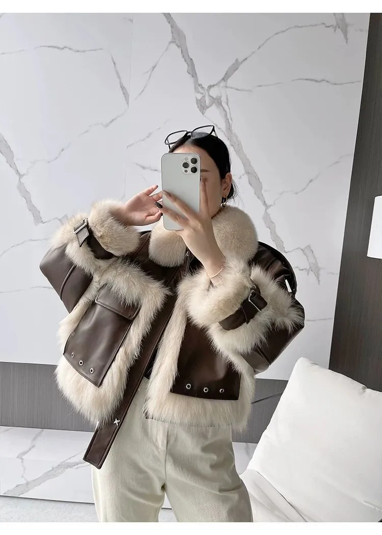 Sense Fox Fur Stitching Leather Coat- GlamzLife