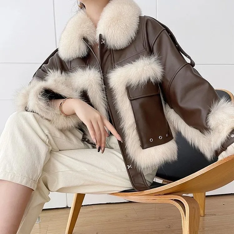 Sense Fox Fur Stitching Leather Coat- GlamzLife