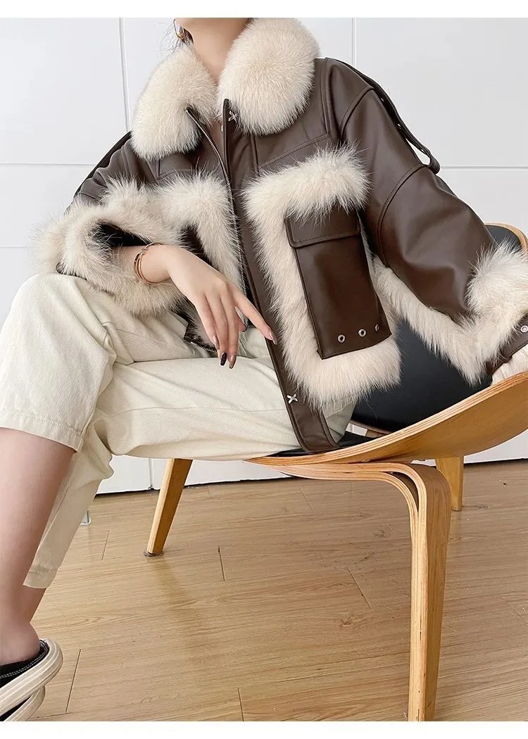 Sense Fox Fur Stitching Leather Coat- GlamzLife
