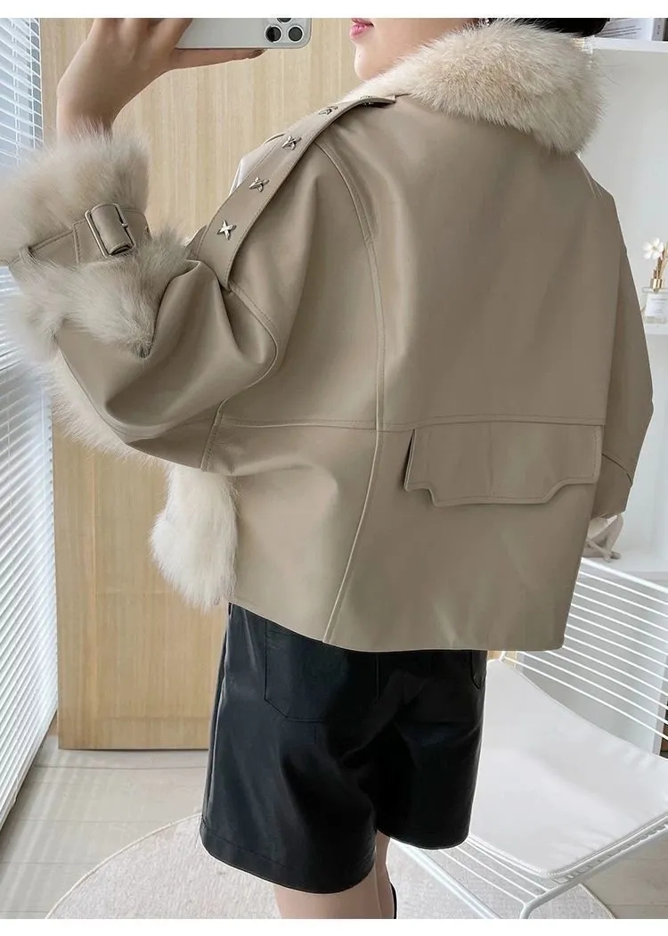 Sense Fox Fur Stitching Leather Coat- GlamzLife