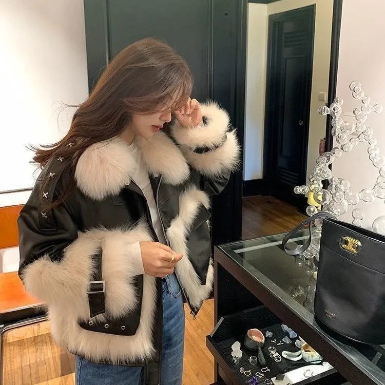 Sense Fox Fur Stitching Leather Coat- GlamzLife